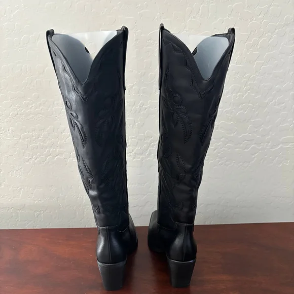 ISNOM Western Knee High Boots Embroidered Block Heel Black US 6.5 New with Box - Picture 7 of 15